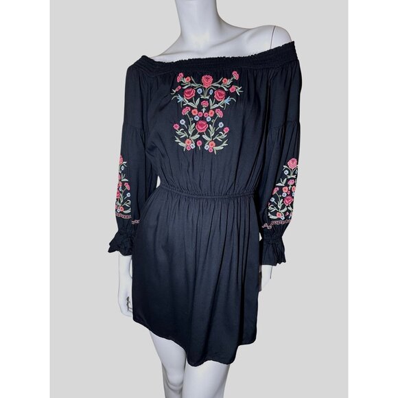 Hollister Medium Black Mini‎ Dress With Floral Embroidery & Elastic Waist Bell M - Picture 15 of 16